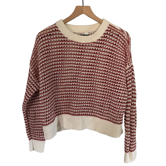 Old Navy Sweaters - Textured Open Knit Sweater‎ Cream & Red Stripe | Cozy Ribbed Pullover | Size M